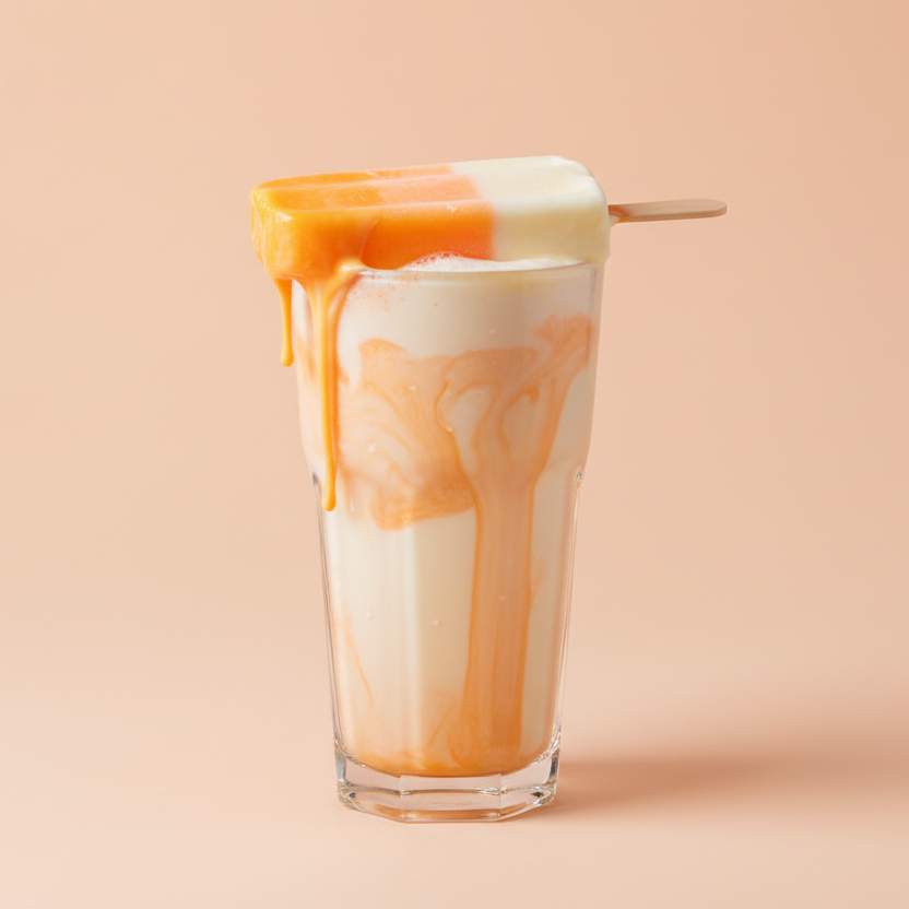 make me an image of a creamsicle drink with a melting creamsicle ice cream with a plain color background